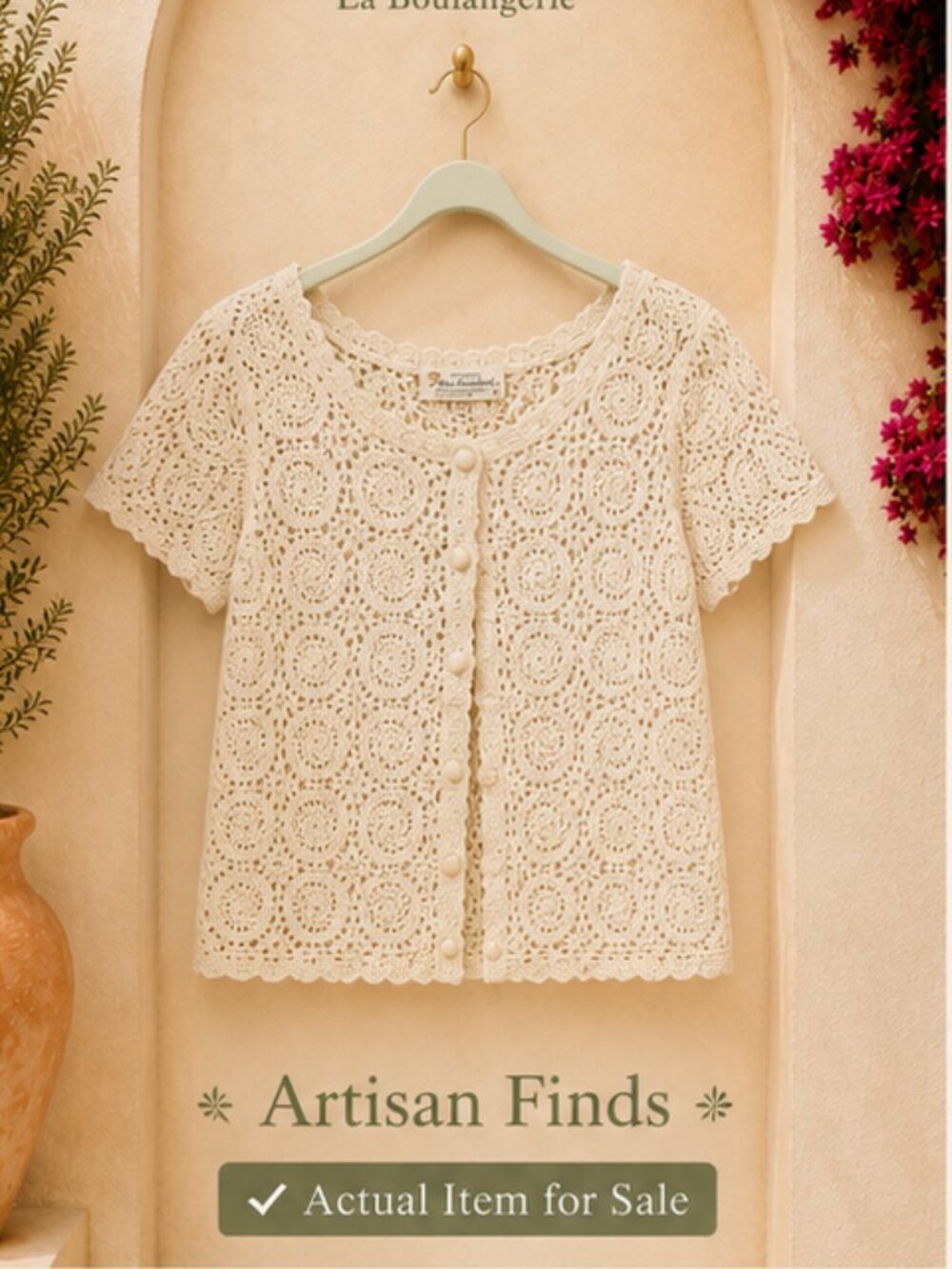 Boho Fest Cottagecore Hand Crocheted Ivory 100% Cotton Cardi Artisan Prairie M